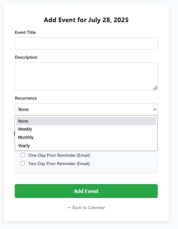 A screenshot of the 'Add Event' form for the calendar.