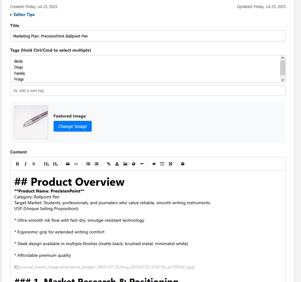 A screenshot of the powerful journal editor with formatting options.