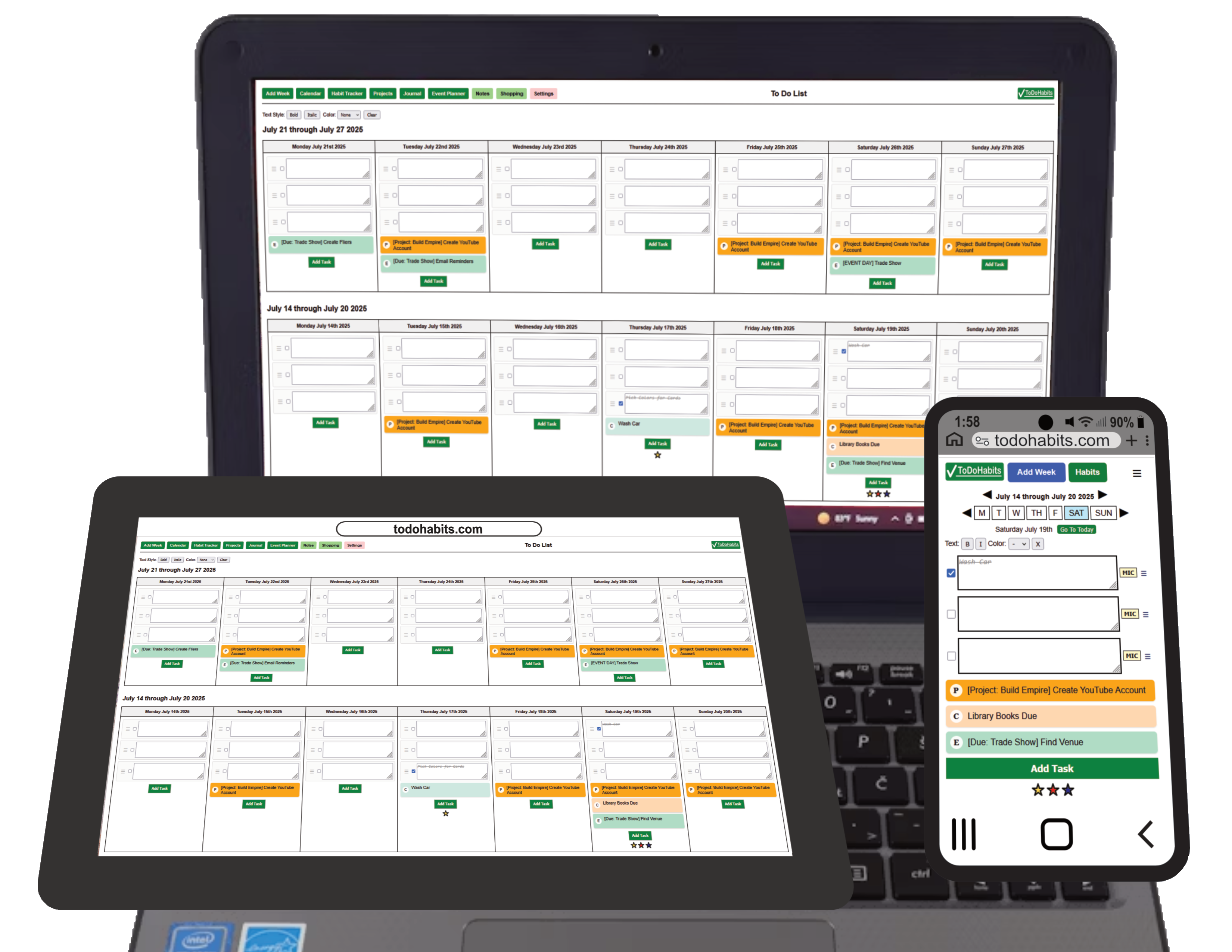 TodoHabits app shown on desktop, tablet, and mobile devices